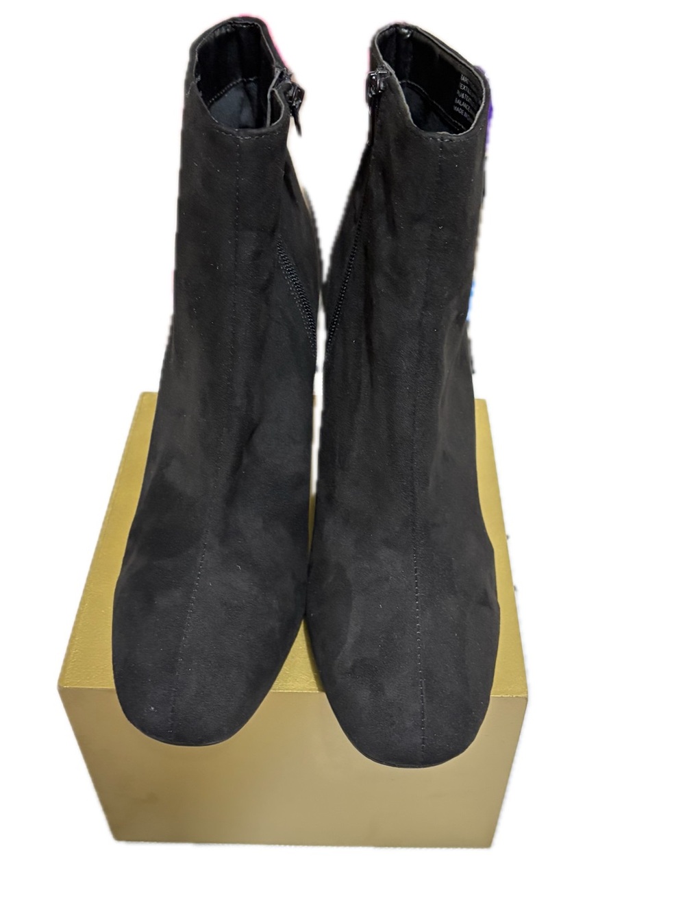 Betsy Johnson Black Suede Ankle Boots with Multicolor Embellished Heel Size 10 - Picture 2 of 6